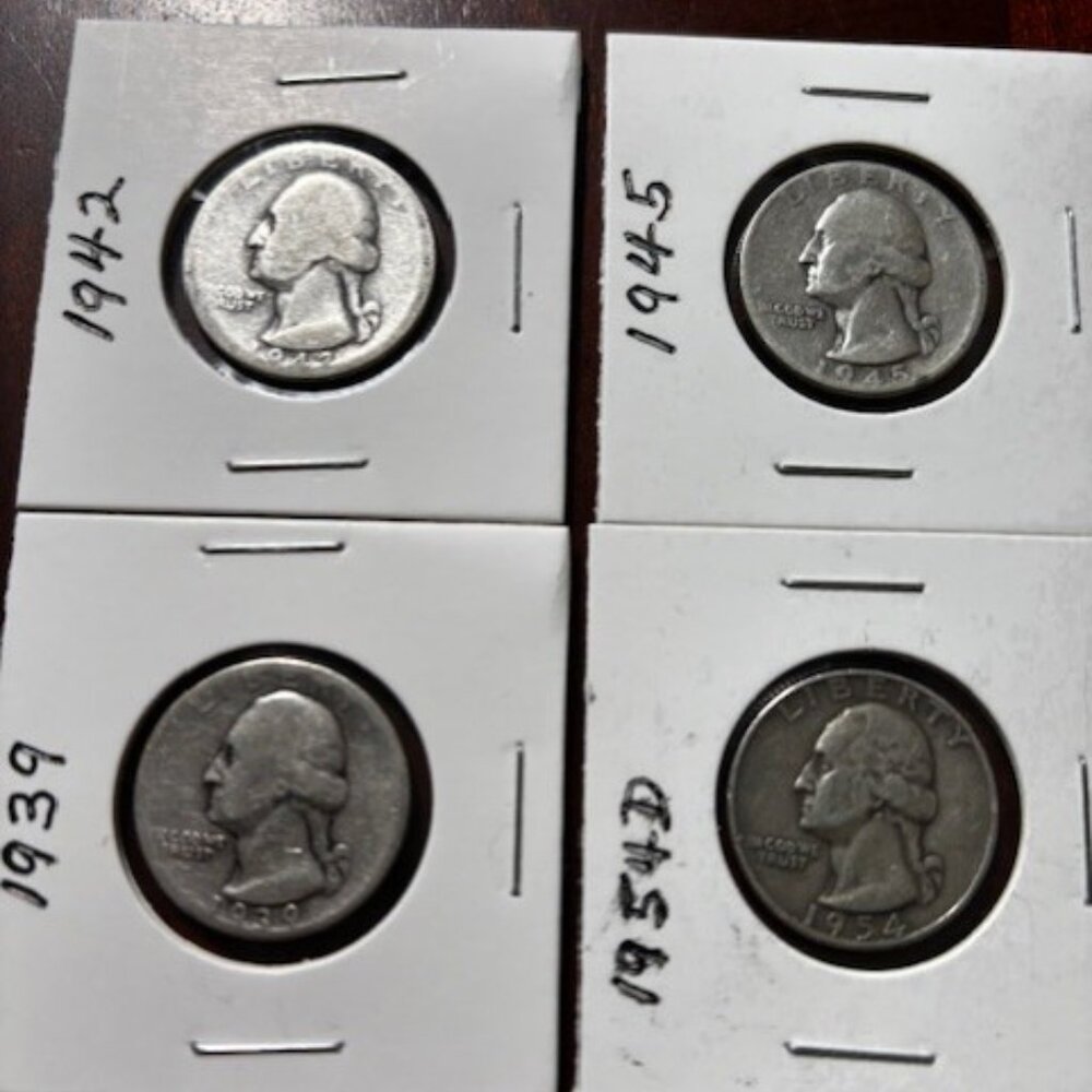 Lot of 4 Washington Silver Quarters 1942, 1939, 1954D, 1945 | 90% Silver